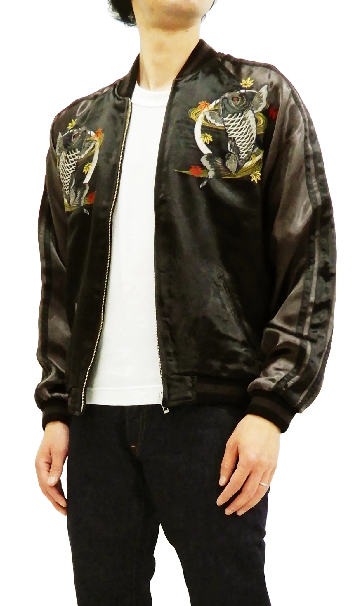 Satori Script Men's Japanese Souvenir Jacket Koi Fish Carp Sukajan GSJR-023 Black/Charcoal-Gray