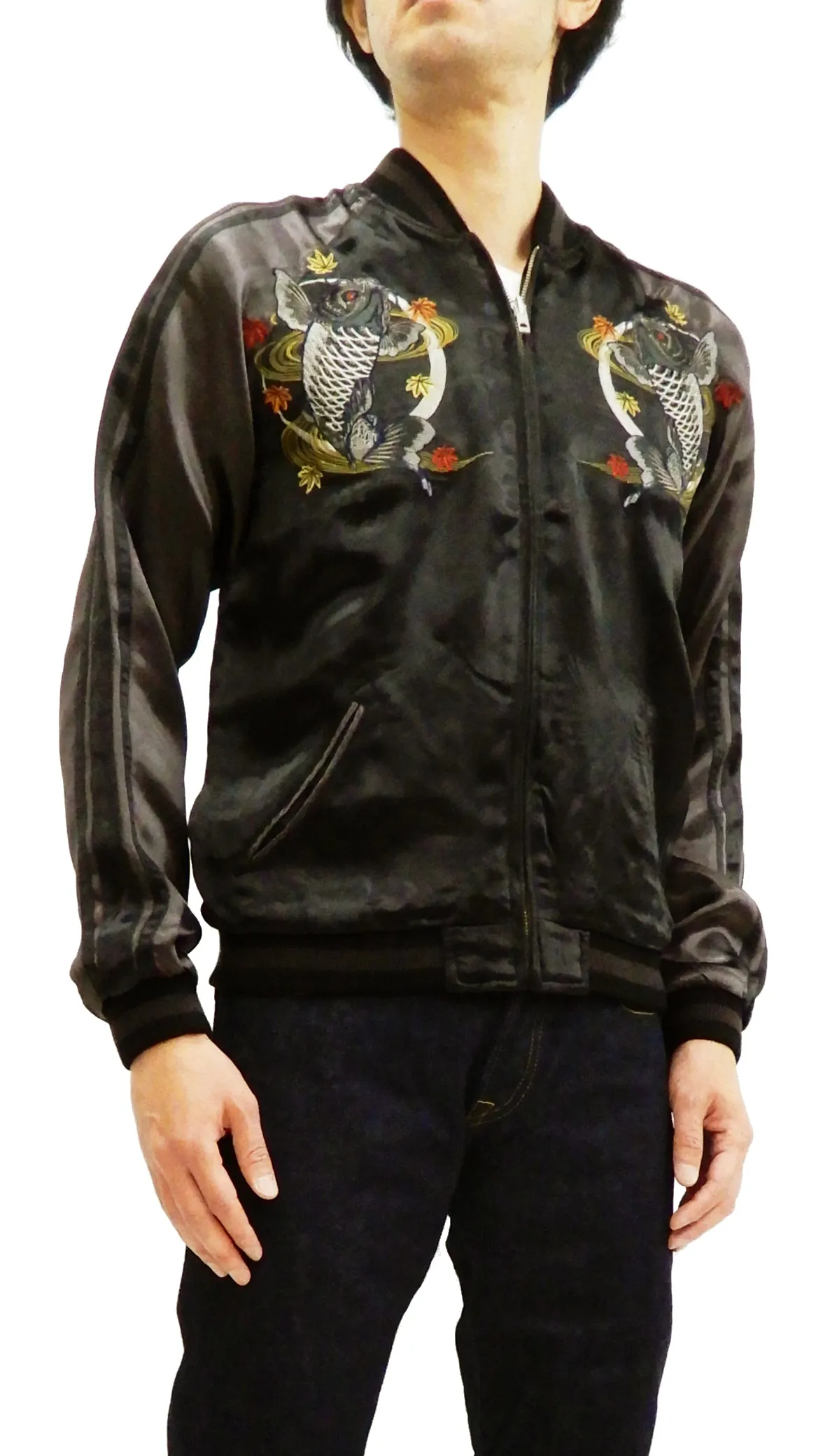 Satori Script Men's Japanese Souvenir Jacket Koi Fish Carp Sukajan GSJR-023 Black/Charcoal-Gray