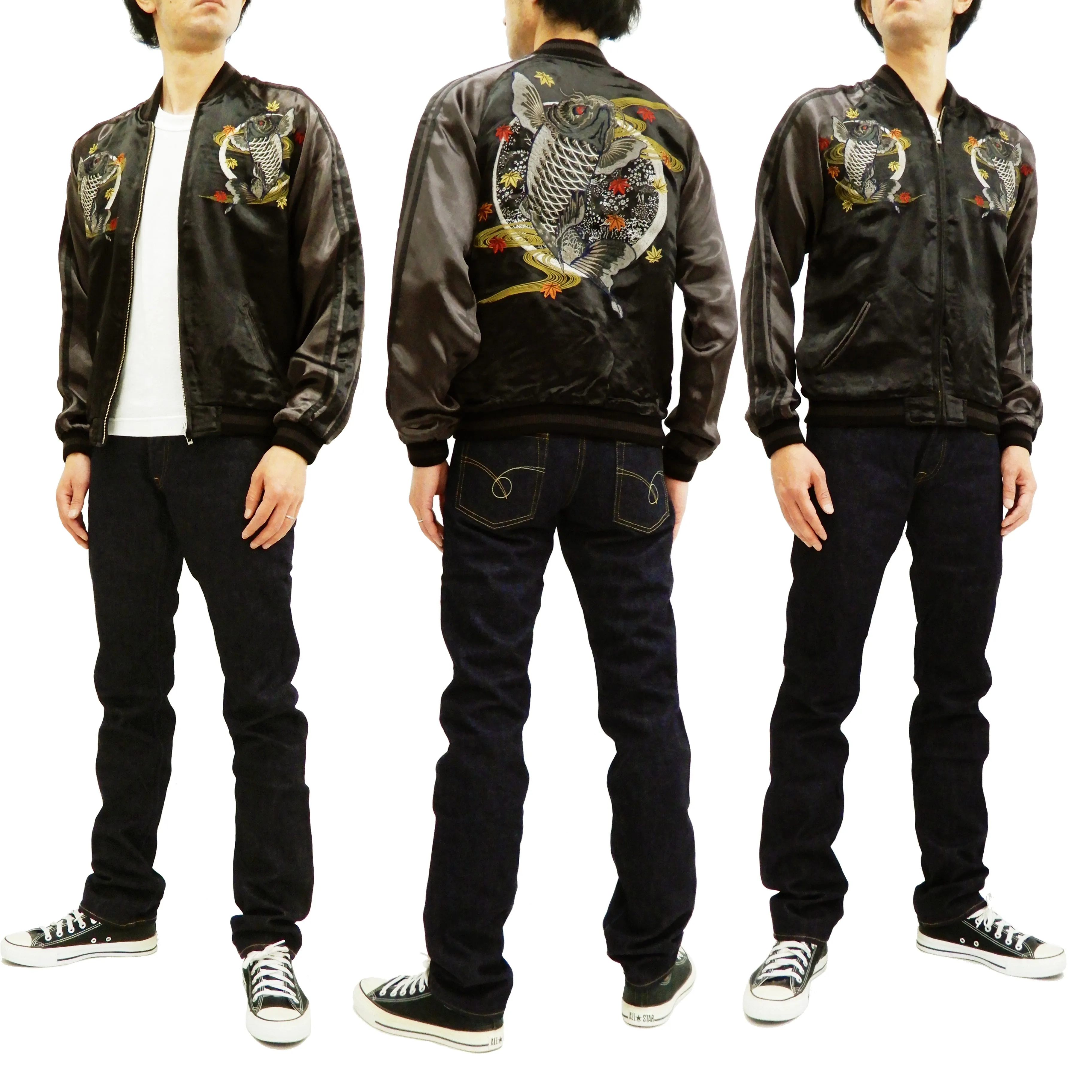 Satori Script Men's Japanese Souvenir Jacket Koi Fish Carp Sukajan GSJR-023 Black/Charcoal-Gray
