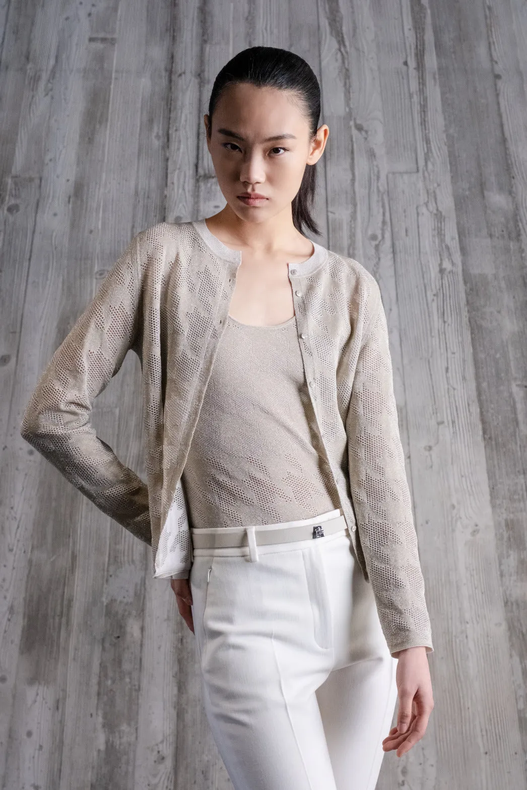 Semitransparent Houndstooth Jacquard Knit Cardigan