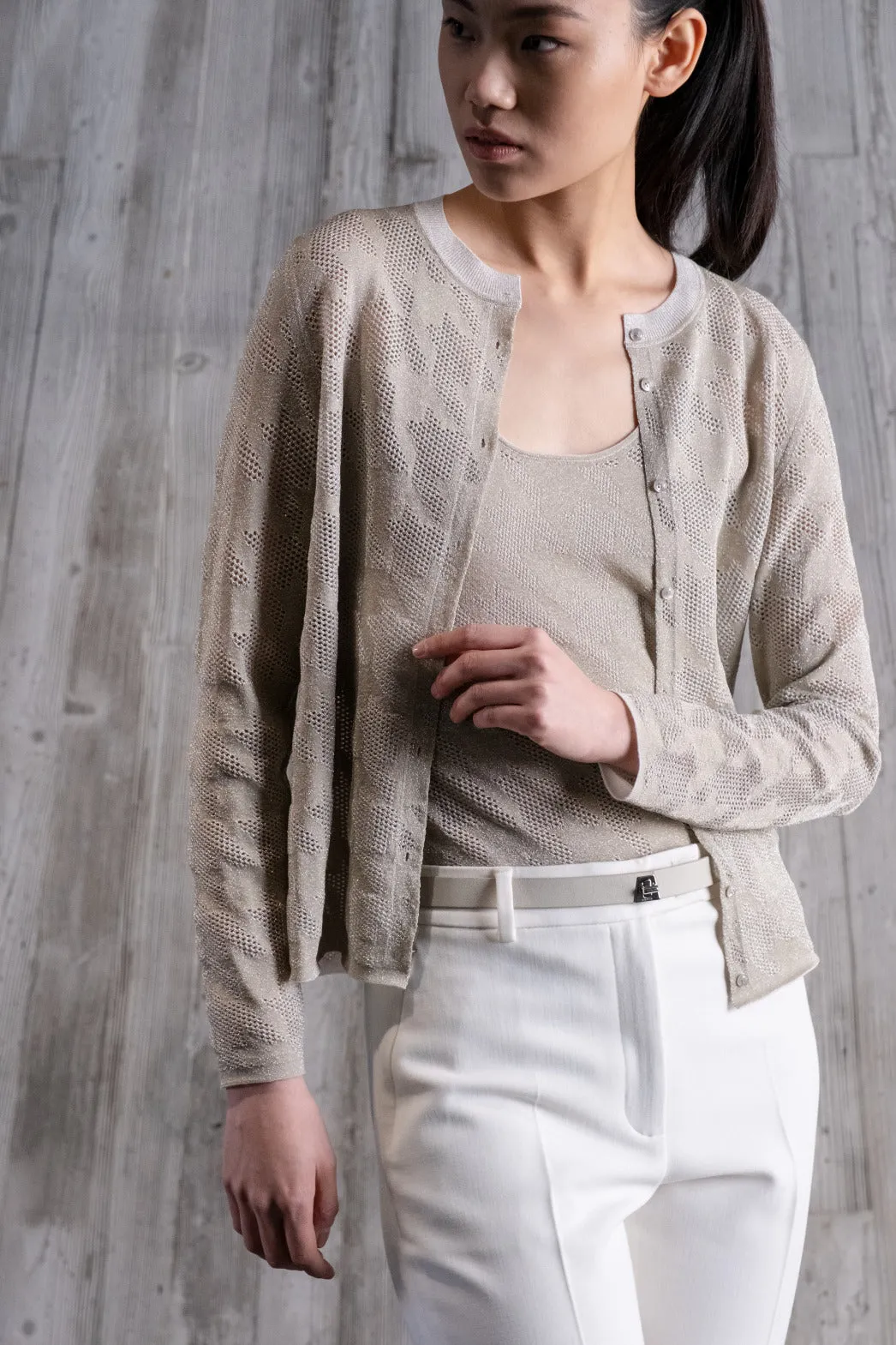 Semitransparent Houndstooth Jacquard Knit Cardigan