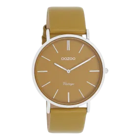 Silver coloured OOZOO watch with olive leather strap - C20326