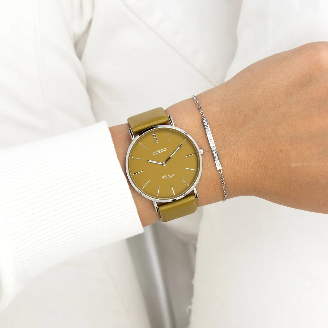 Silver coloured OOZOO watch with olive leather strap - C20326