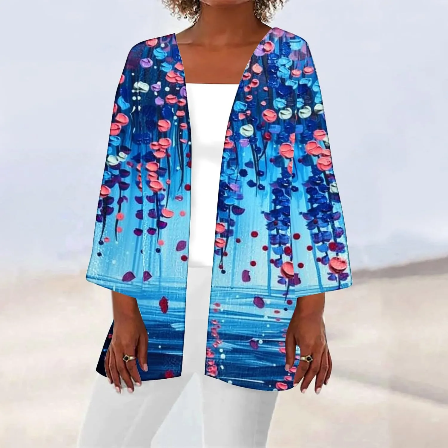 Summer 3/4 Sleeve Cardigans for Women Fashion Floral Oil Printing Cardigan Lightweight Casual Loose Fit Cover Up Top
