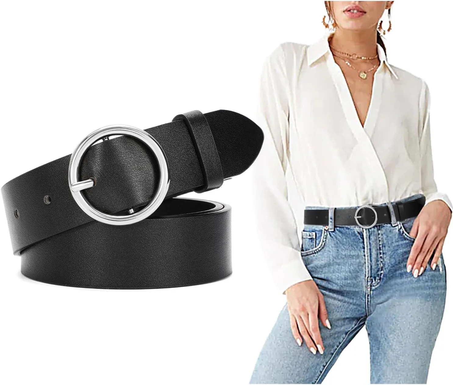 SUOSDEY Women Leather Belt with O-Ring Buckle,Fashion Soft Ladies Waist Belt for Jeans Dresses,1.3" Width