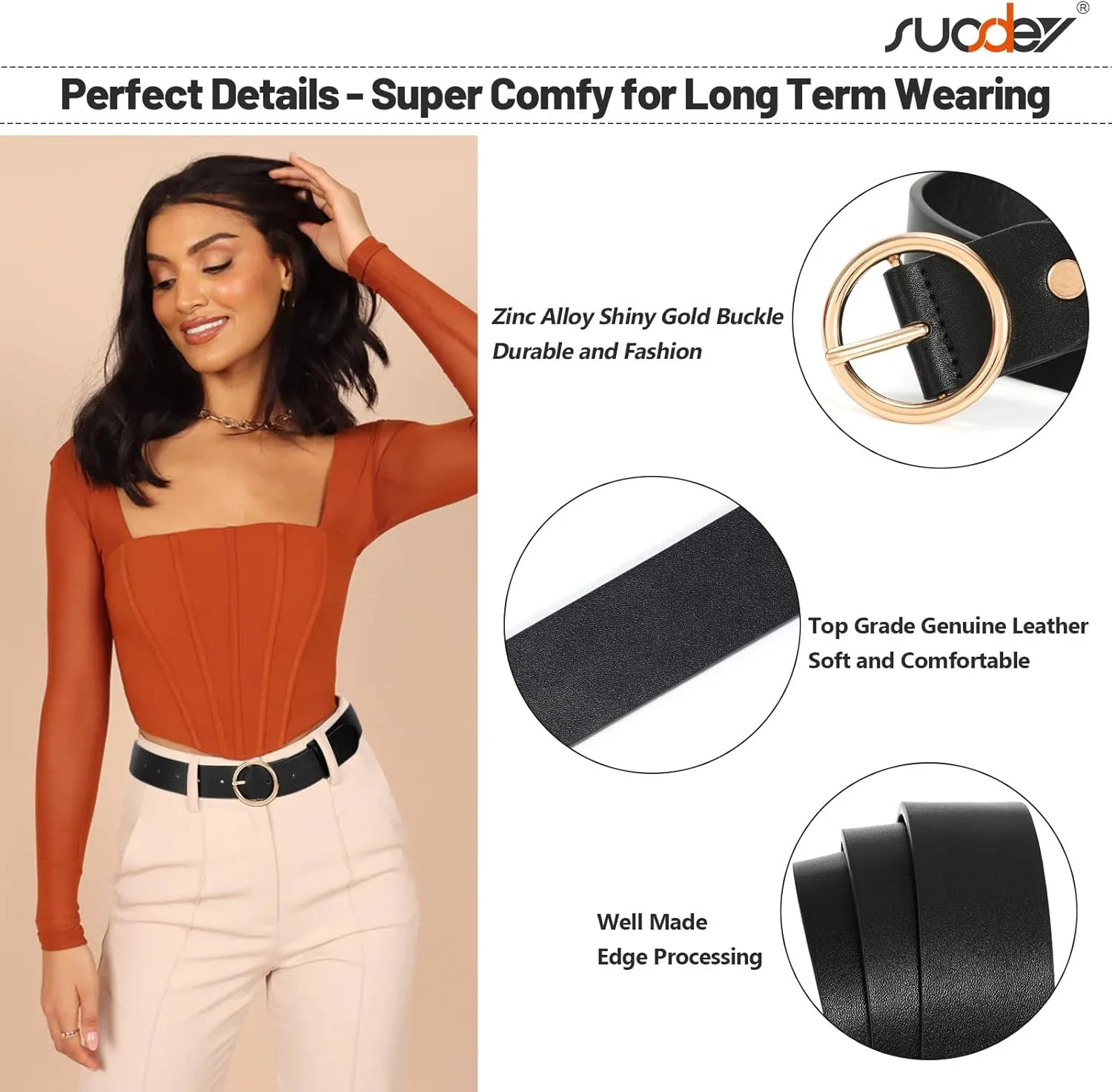 SUOSDEY Women Leather Belt with O-Ring Buckle,Fashion Soft Ladies Waist Belt for Jeans Dresses,1.3" Width