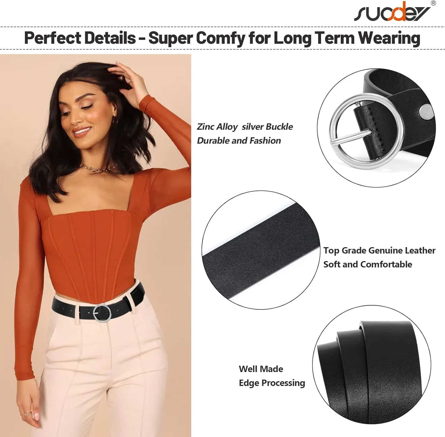 SUOSDEY Women Leather Belt with O-Ring Buckle,Fashion Soft Ladies Waist Belt for Jeans Dresses,1.3" Width