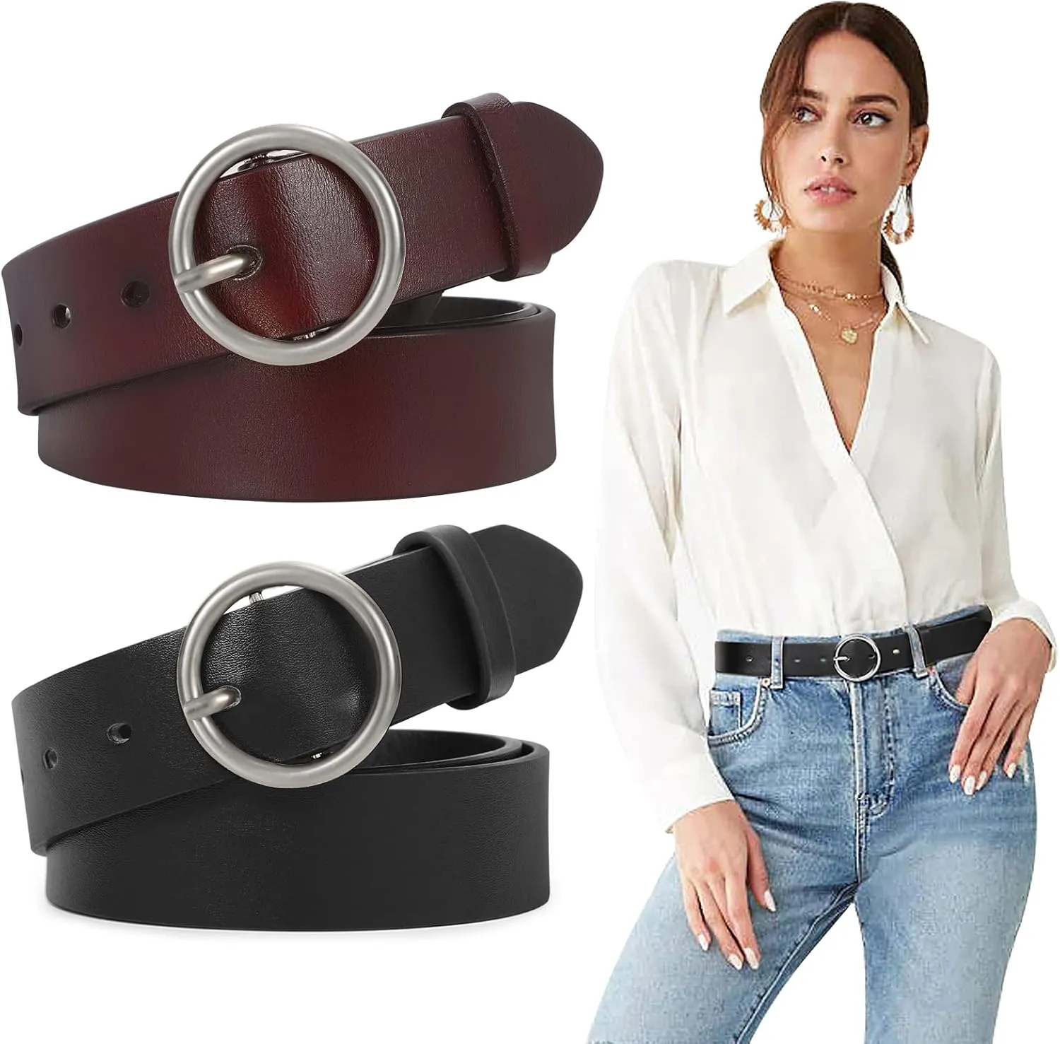 SUOSDEY Women Leather Belt with O-Ring Buckle,Fashion Soft Ladies Waist Belt for Jeans Dresses,1.3" Width