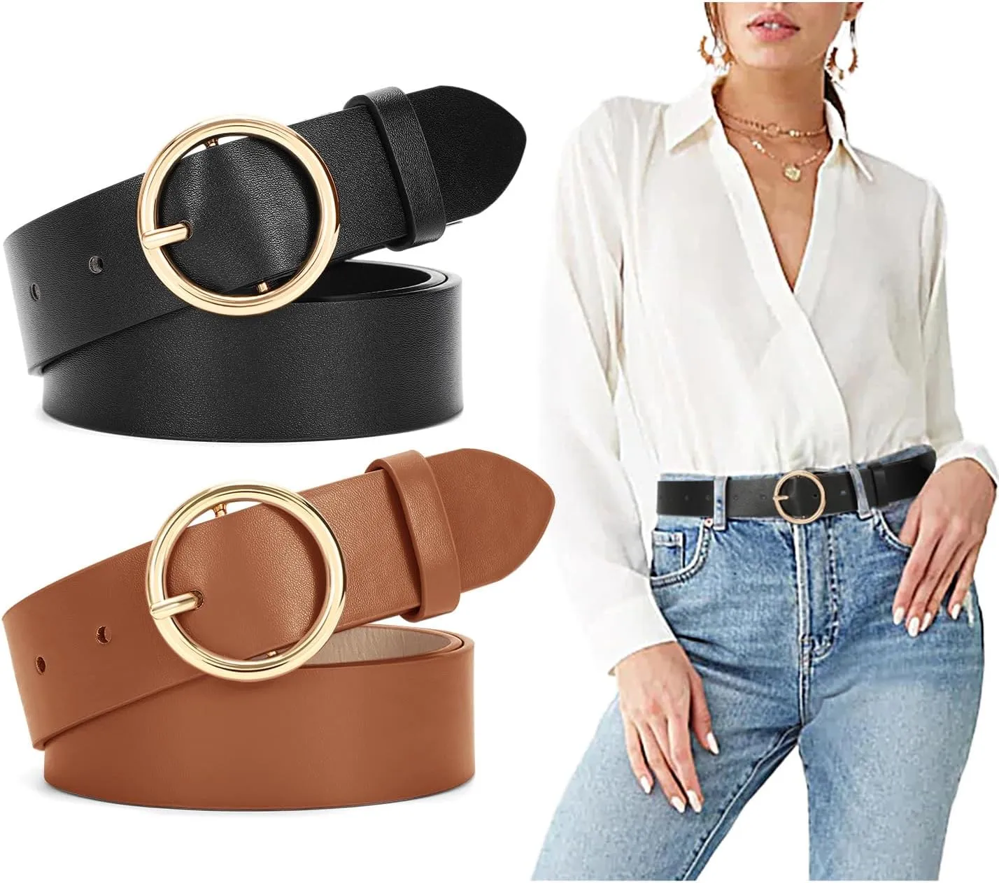 SUOSDEY Women Leather Belt with O-Ring Buckle,Fashion Soft Ladies Waist Belt for Jeans Dresses,1.3" Width