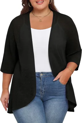 TIANZHU Women's Summer Plus Size Cardigan 3/4 Sleeve Blazer Knit Lightweight Cover Up XL-4XL