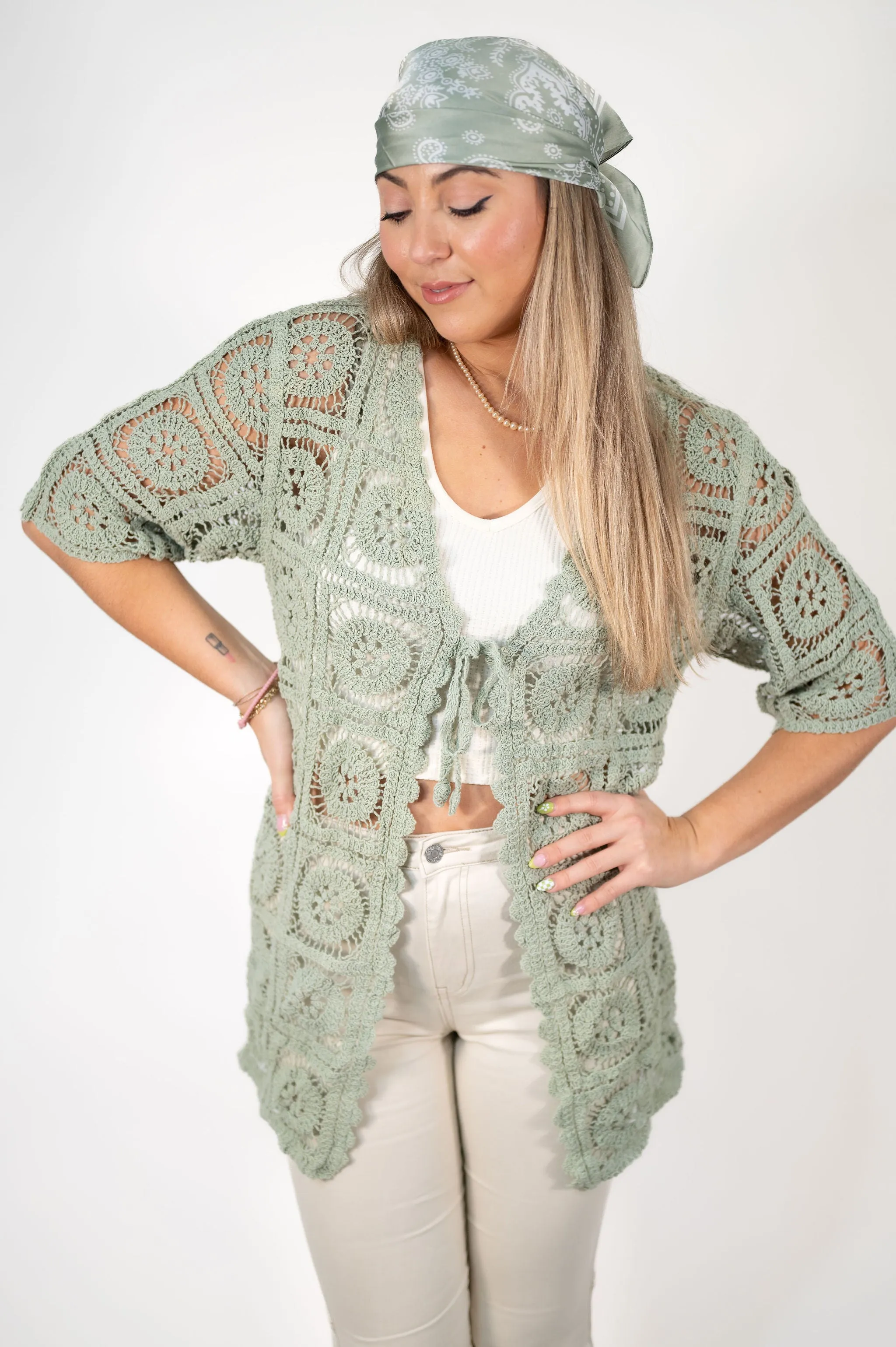 Tie Front Crochet Half Sleeve Cardigan: Pink