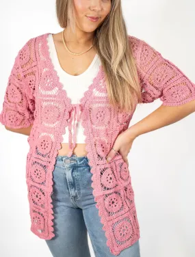Tie Front Crochet Half Sleeve Cardigan: Pink