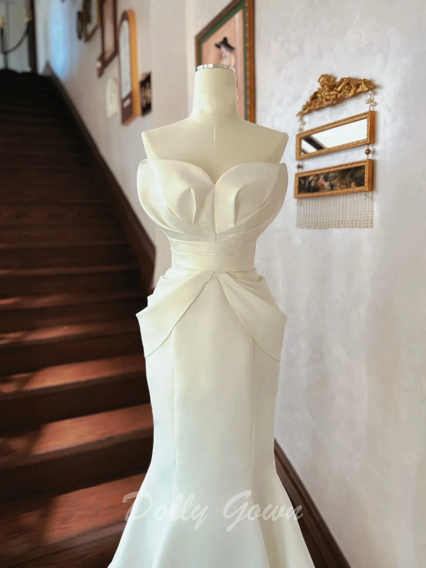 Unique Petal Neck Satin Mermaid Wedding Dress