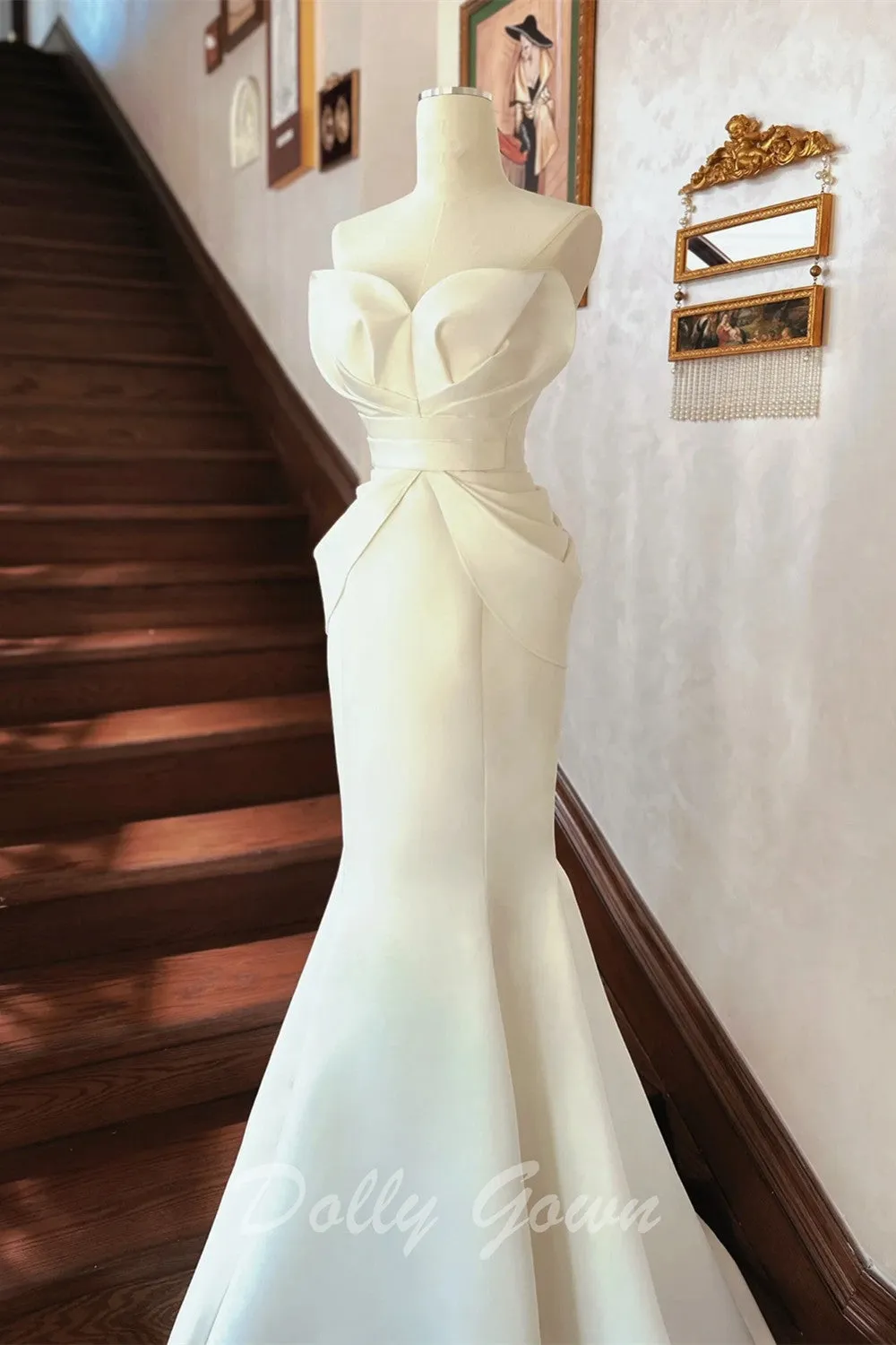 Unique Petal Neck Satin Mermaid Wedding Dress