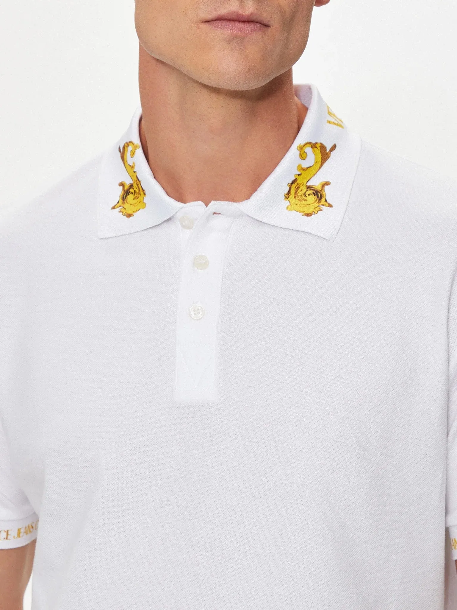 Versace Jeans Couture White Polo Shirt – Classic Fit  Baroque Collar Detail-