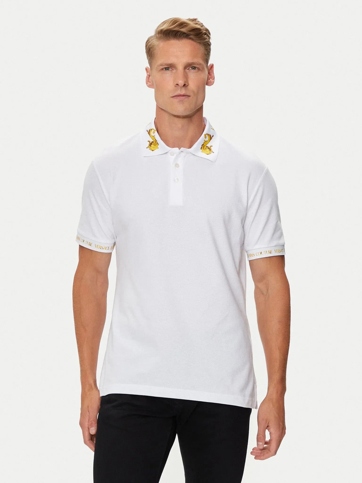 Versace Jeans Couture White Polo Shirt – Classic Fit  Baroque Collar Detail-