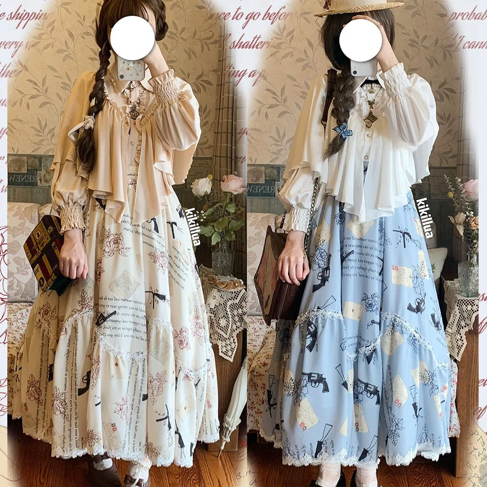 VTGDOLL~World War II love letter~Elegant Lolita Shirt and Lolita Painted SK