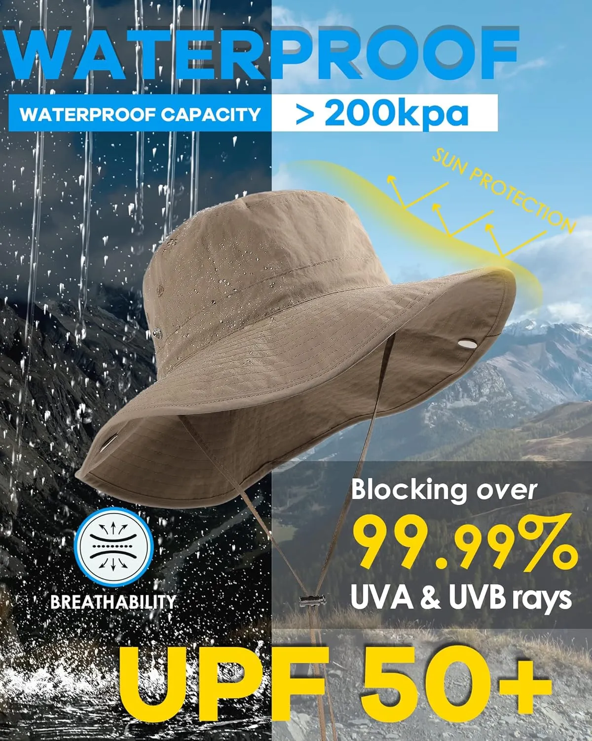Waterproof Bucket Rain Hat for Women Wide Brim Summer UPF50  Cowboy Sun Hat Men Foldable Soft Floppy Beach Hat