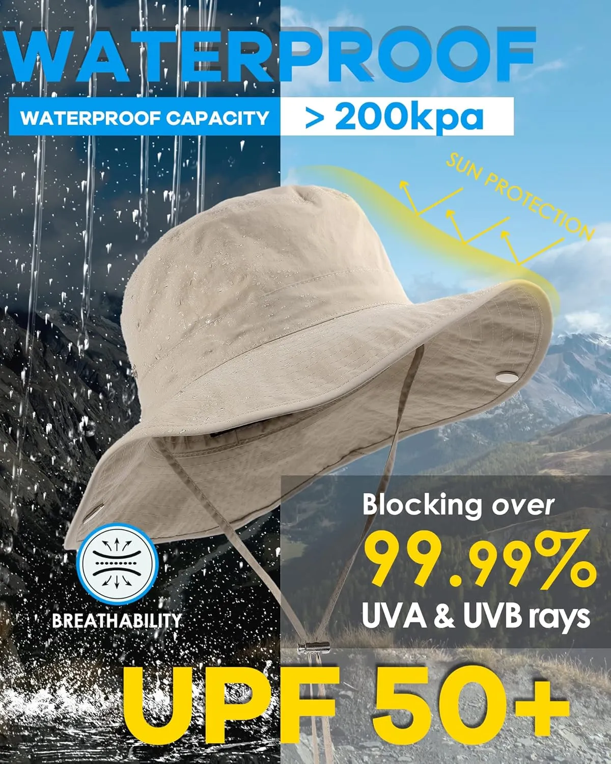 Waterproof Bucket Rain Hat for Women Wide Brim Summer UPF50  Cowboy Sun Hat Men Foldable Soft Floppy Beach Hat