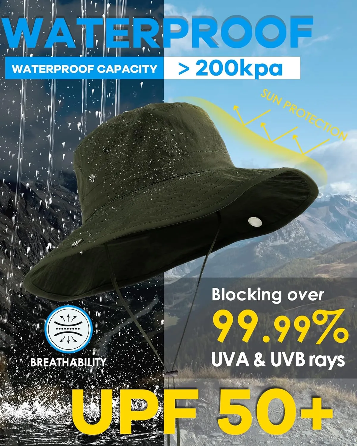 Waterproof Bucket Rain Hat for Women Wide Brim Summer UPF50  Cowboy Sun Hat Men Foldable Soft Floppy Beach Hat