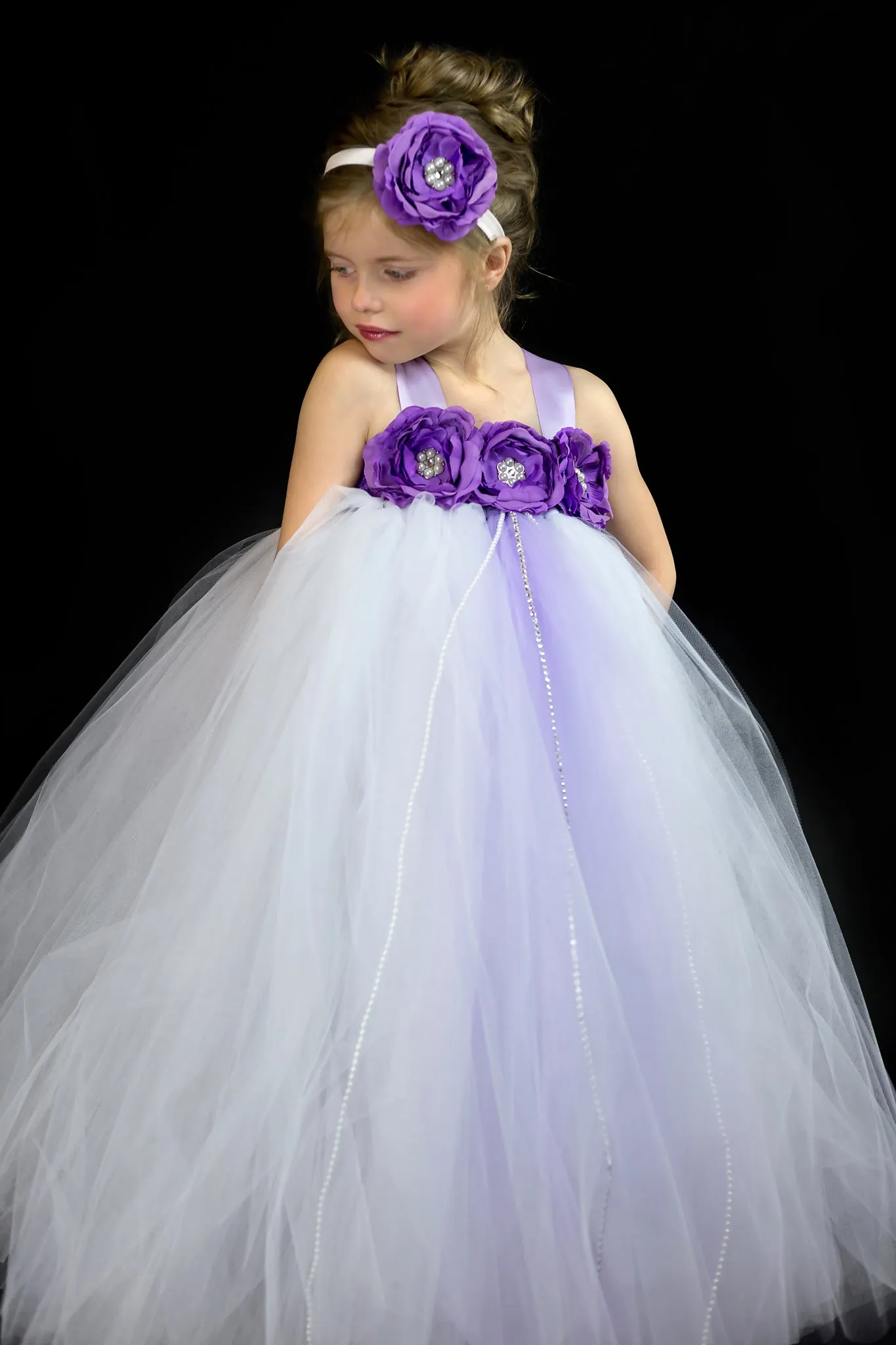 White and Purple Flower Girl Dress, White Tutu, White and Purple Girls Tutu Dress