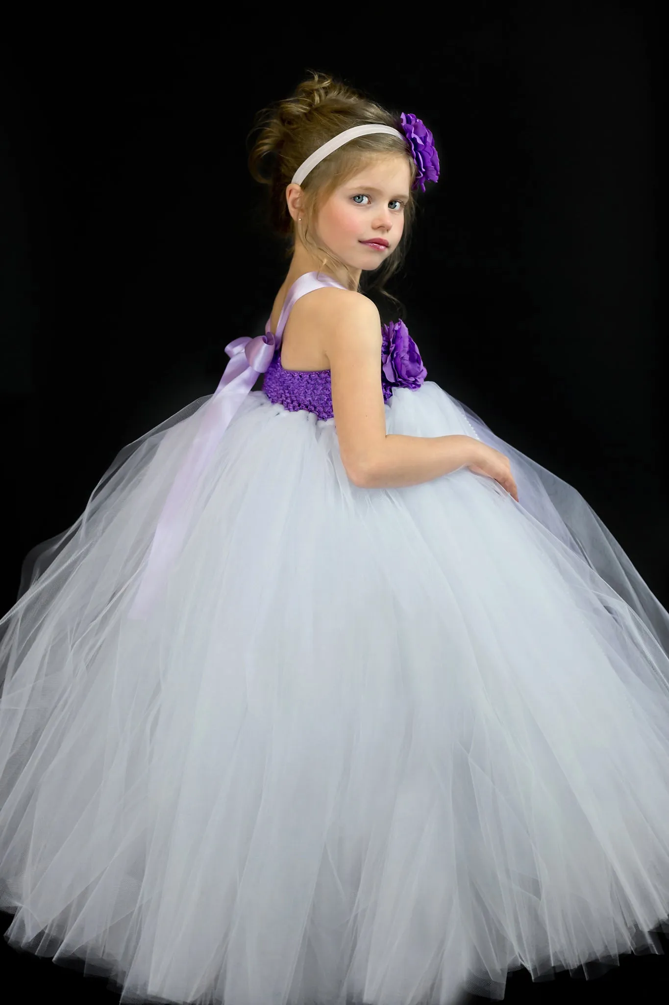 White and Purple Flower Girl Dress, White Tutu, White and Purple Girls Tutu Dress