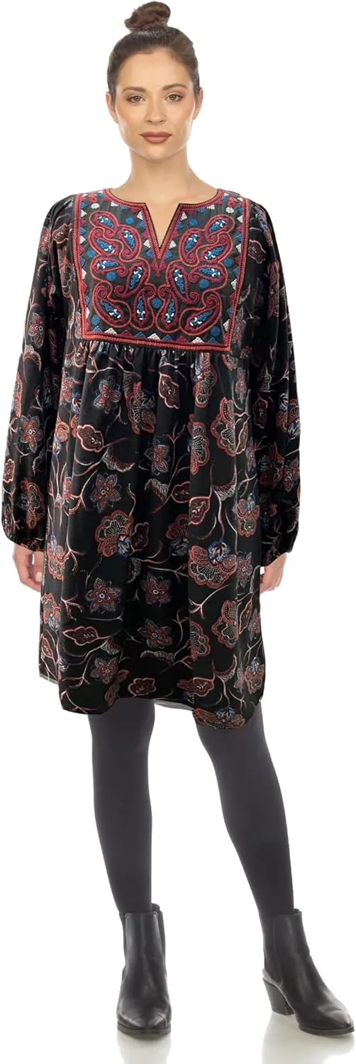 white mark Women's Floral Paisley Long Sleeve Embroidered Relaxed Sweater Dress