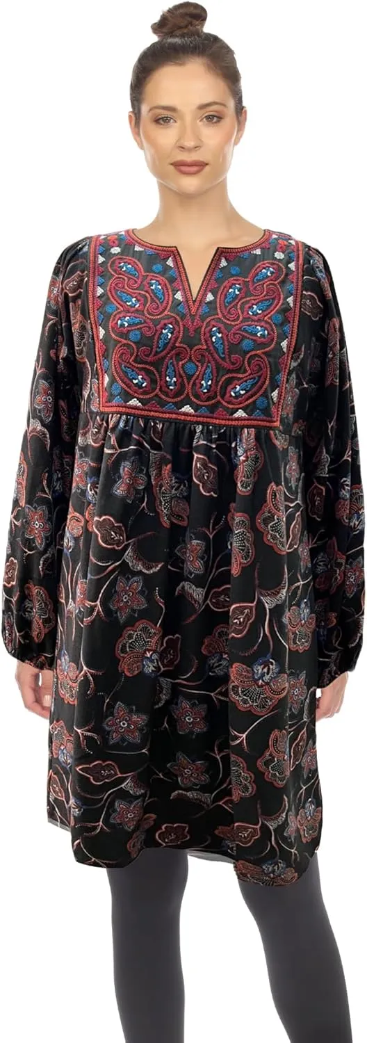 white mark Women's Floral Paisley Long Sleeve Embroidered Relaxed Sweater Dress