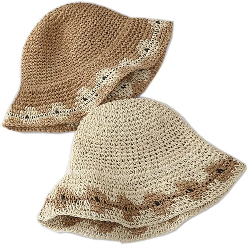 Women Brown Beige 2PCS Summer Soft Straw Hat Small Flower Woven Basin Hats Vacation Beach Hat Foldable Sunshade Hat Cap