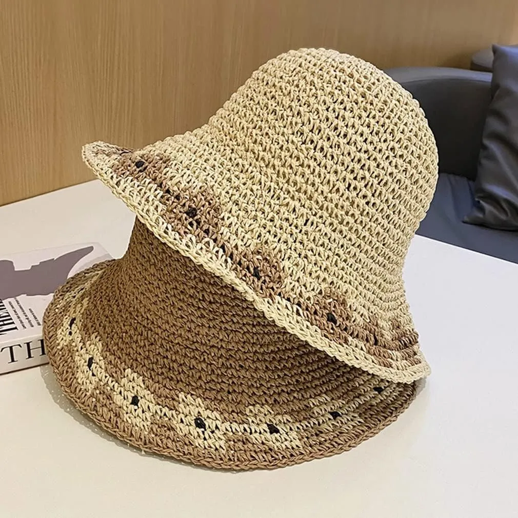 Women Brown Beige 2PCS Summer Soft Straw Hat Small Flower Woven Basin Hats Vacation Beach Hat Foldable Sunshade Hat Cap