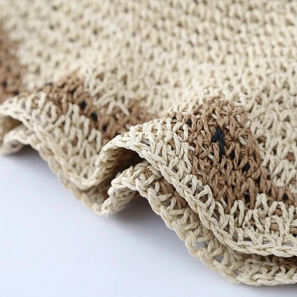 Women Brown Beige 2PCS Summer Soft Straw Hat Small Flower Woven Basin Hats Vacation Beach Hat Foldable Sunshade Hat Cap