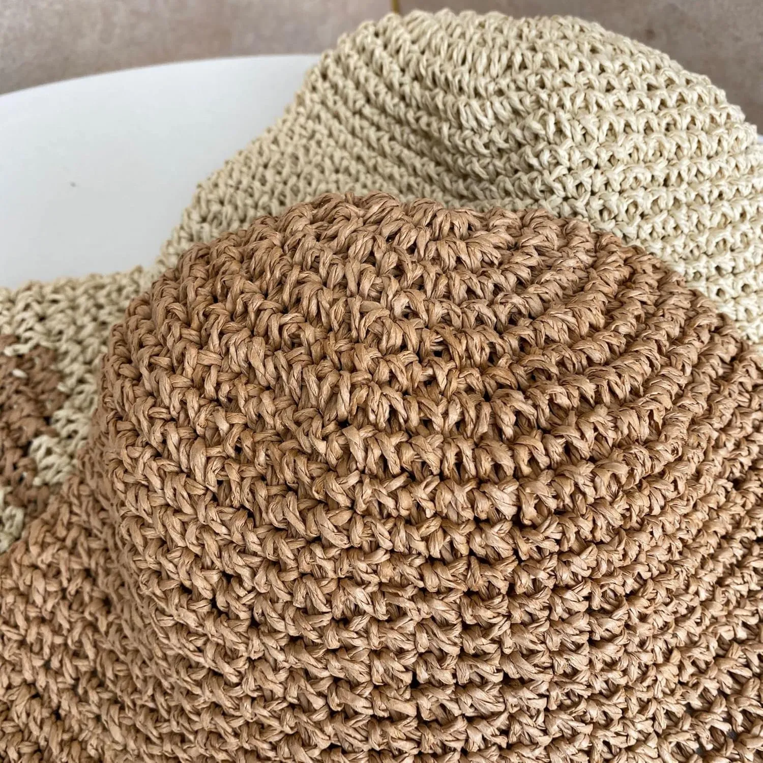 Women Brown Beige 2PCS Summer Soft Straw Hat Small Flower Woven Basin Hats Vacation Beach Hat Foldable Sunshade Hat Cap
