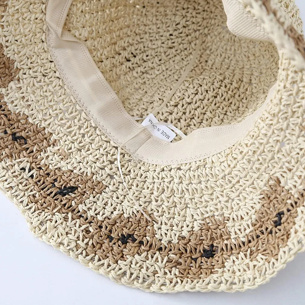 Women Brown Beige 2PCS Summer Soft Straw Hat Small Flower Woven Basin Hats Vacation Beach Hat Foldable Sunshade Hat Cap