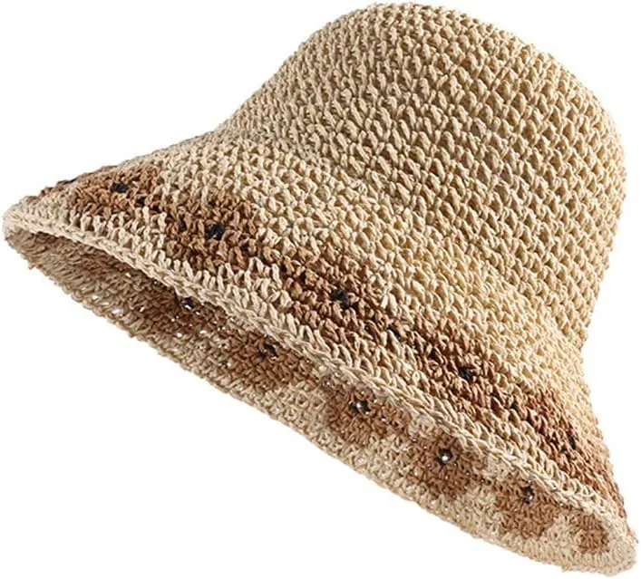 Women Brown Beige 2PCS Summer Soft Straw Hat Small Flower Woven Basin Hats Vacation Beach Hat Foldable Sunshade Hat Cap