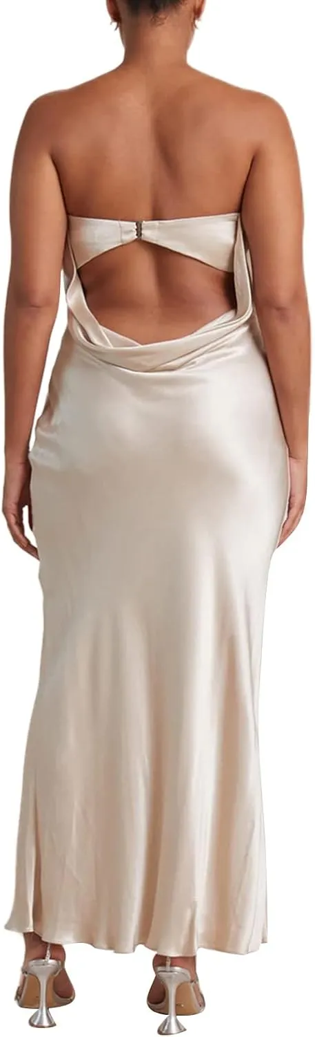 Women Elegant Tube Top Strapless Long Dress Open Back Satin Party Cocktail Bodycon Dress