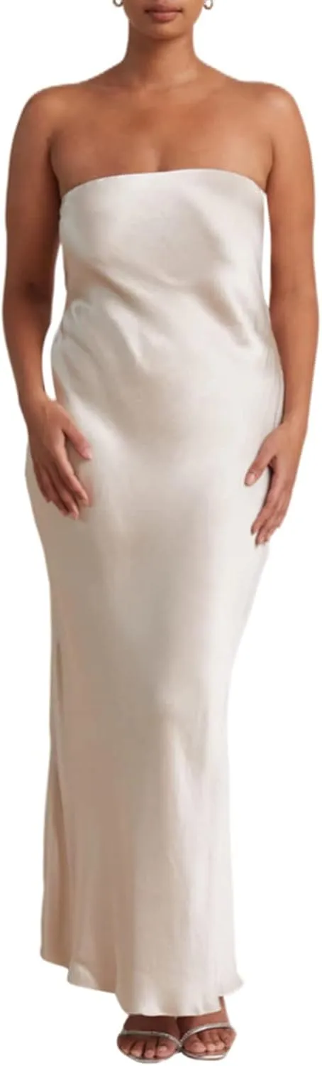 Women Elegant Tube Top Strapless Long Dress Open Back Satin Party Cocktail Bodycon Dress