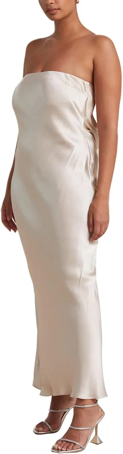 Women Elegant Tube Top Strapless Long Dress Open Back Satin Party Cocktail Bodycon Dress
