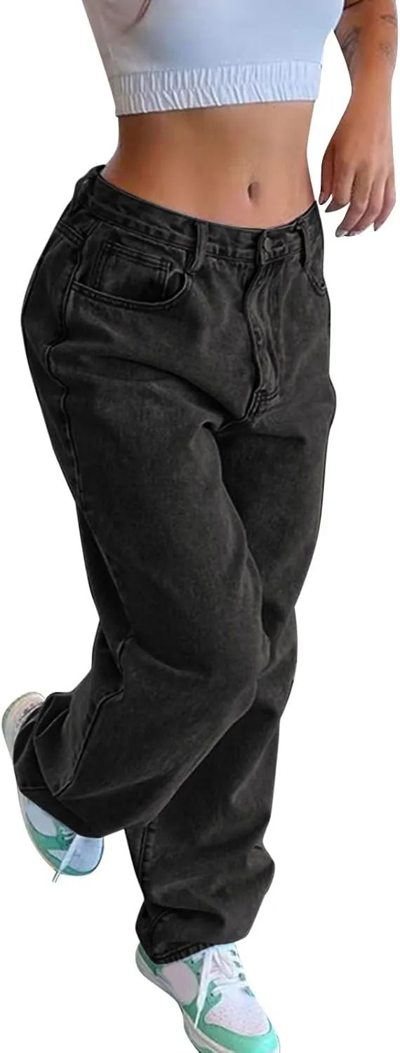 Women Fashion Jeans Solid Color High Waist Straight Leg Wide Leg Jeans Trousers Cotton Denim
