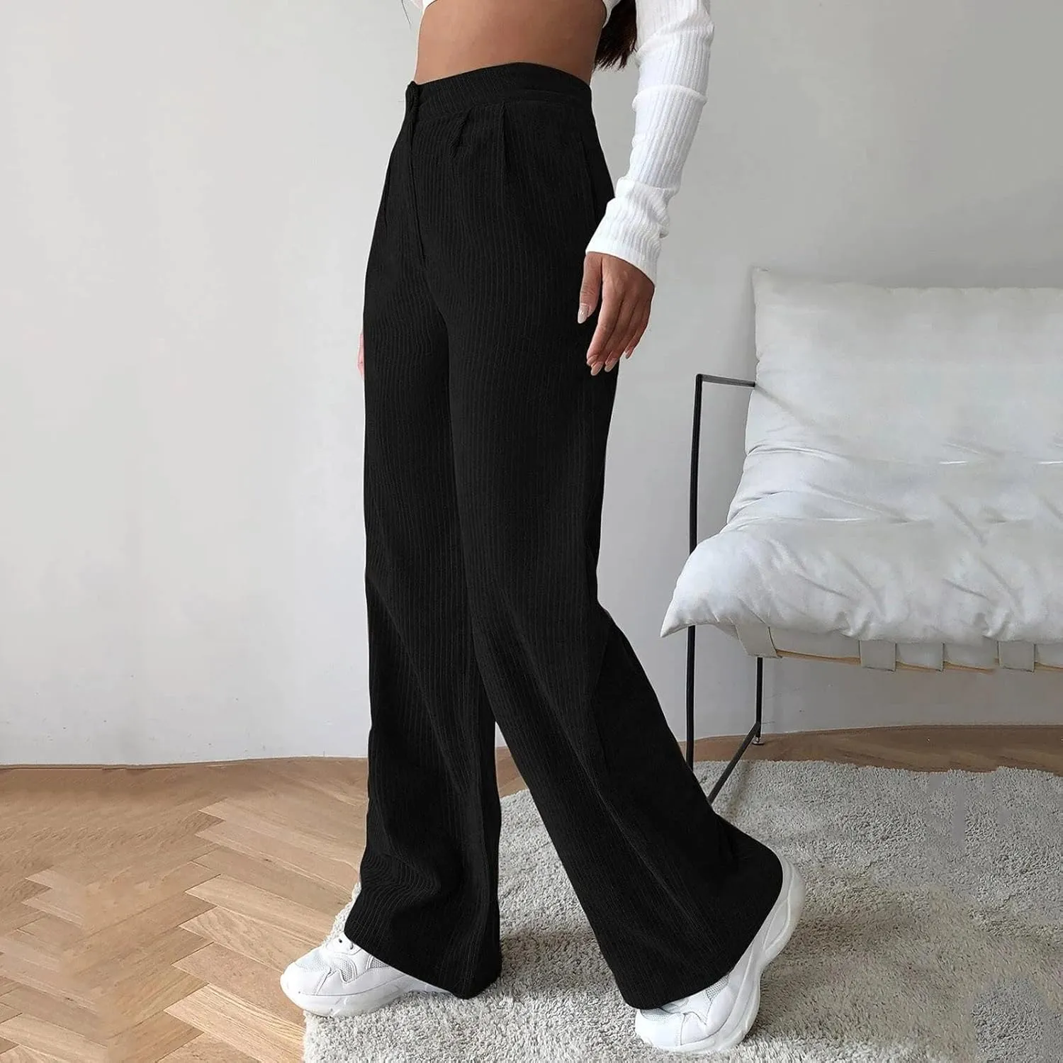 Womens Corduroy Pants Wide Leg High Waisted Sweatpants Loose Lounge Lightweight Trousers Stretchy Straight Pants