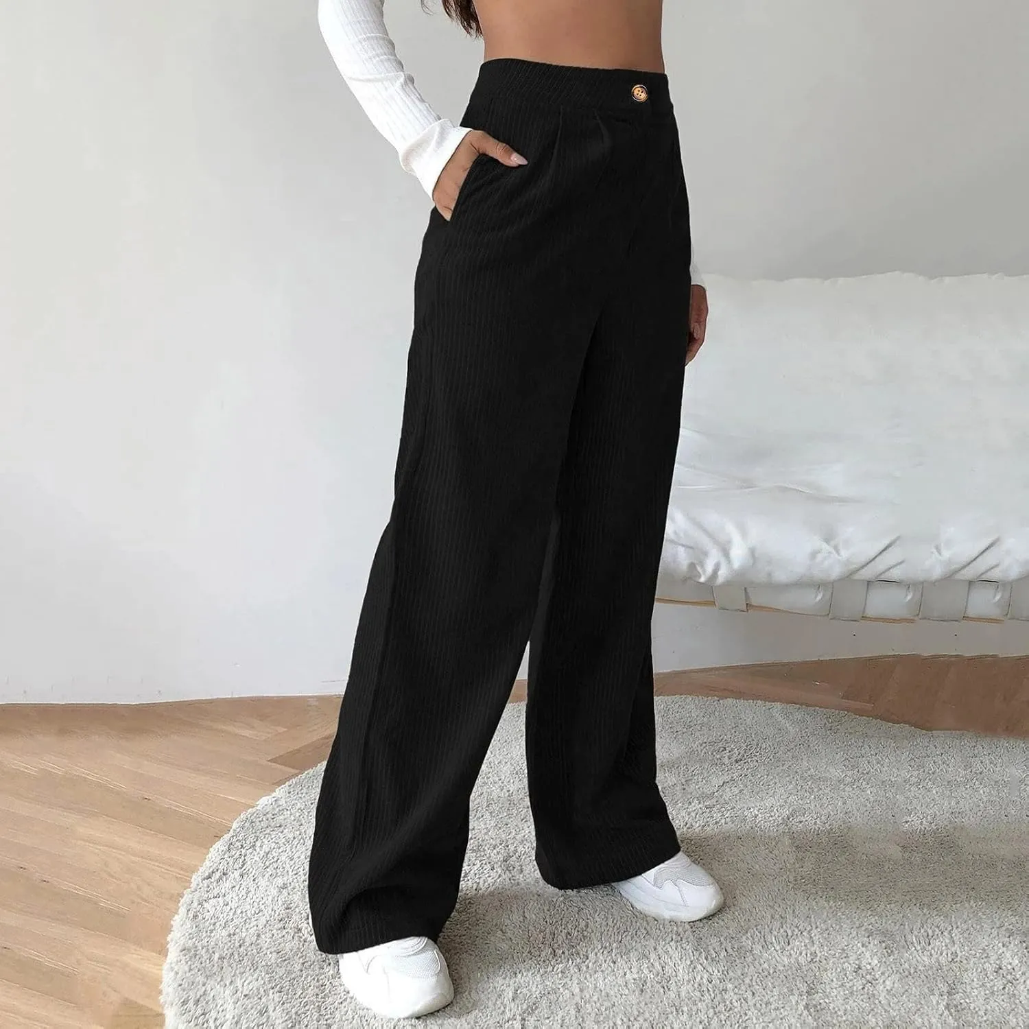 Womens Corduroy Pants Wide Leg High Waisted Sweatpants Loose Lounge Lightweight Trousers Stretchy Straight Pants