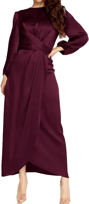 Women's Elegant Empire Waist Long Sleeve Satin Maxi Dress
