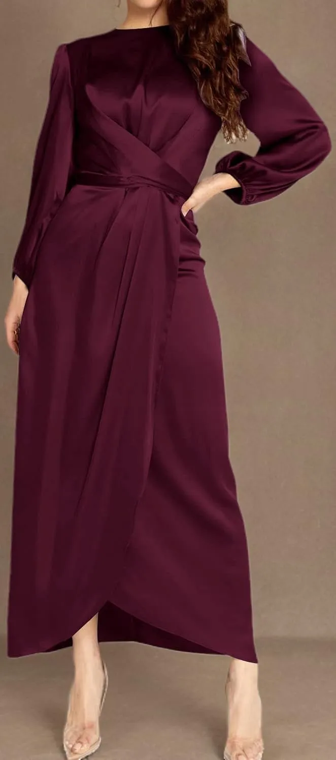 Women's Elegant Empire Waist Long Sleeve Satin Maxi Dress