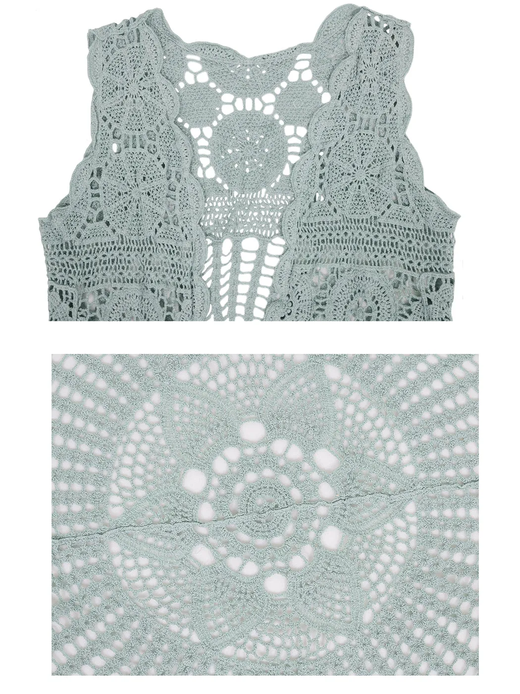 Womens Hippie Bohemian Floral Crochet Lace Trim Sleeveless Vest Cardigan