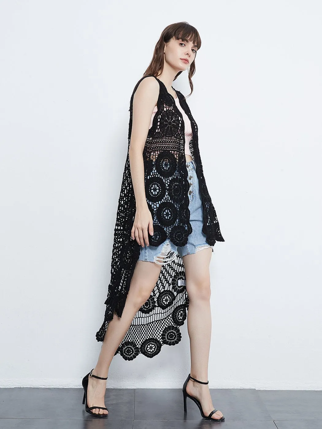 Womens Hippie Bohemian Floral Crochet Lace Trim Sleeveless Vest Cardigan
