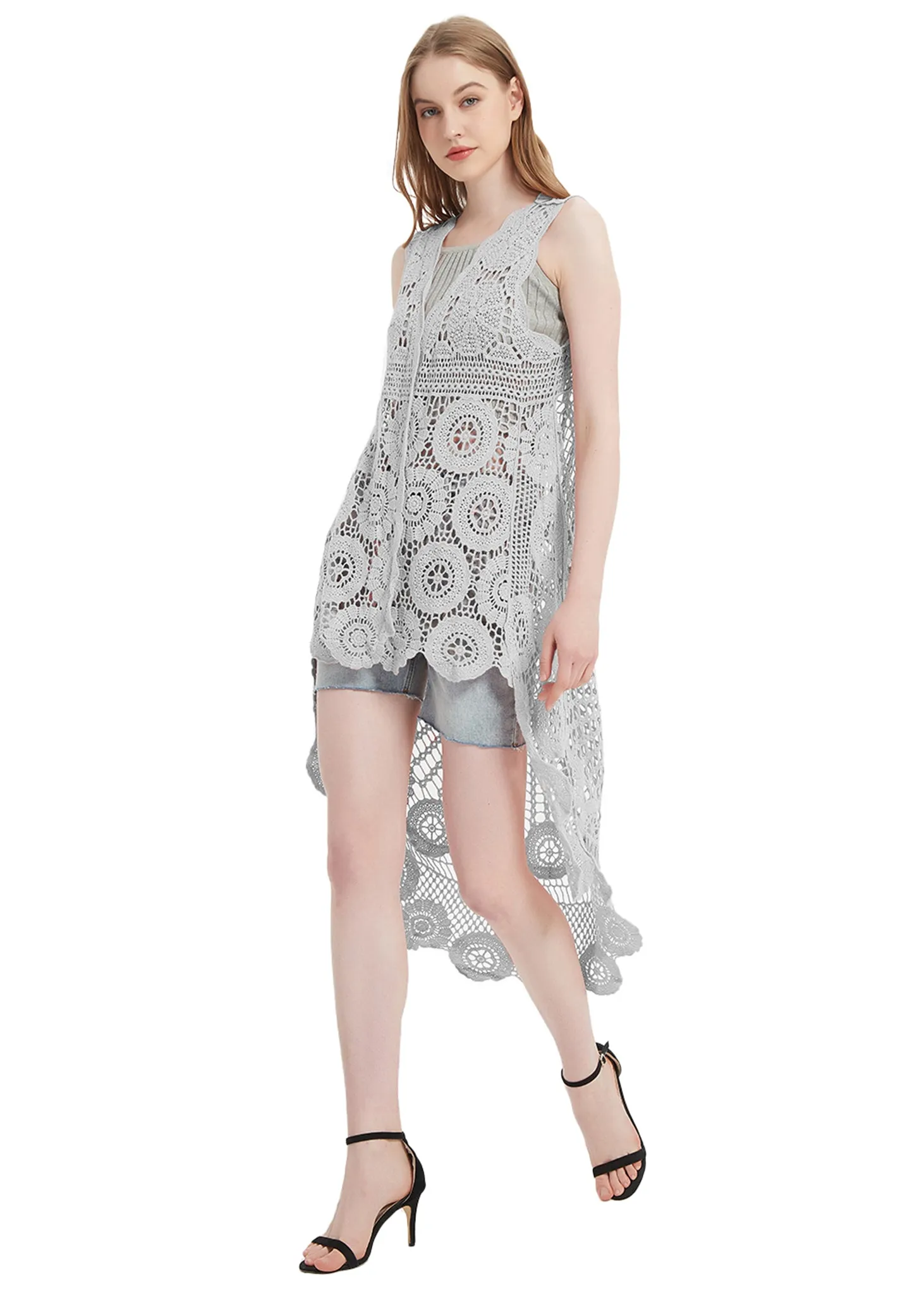 Womens Hippie Bohemian Floral Crochet Lace Trim Sleeveless Vest Cardigan