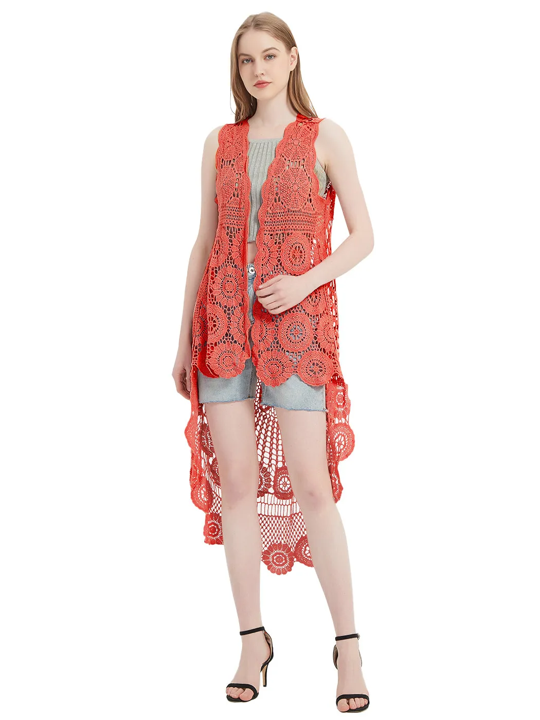 Womens Hippie Bohemian Floral Crochet Lace Trim Sleeveless Vest Cardigan