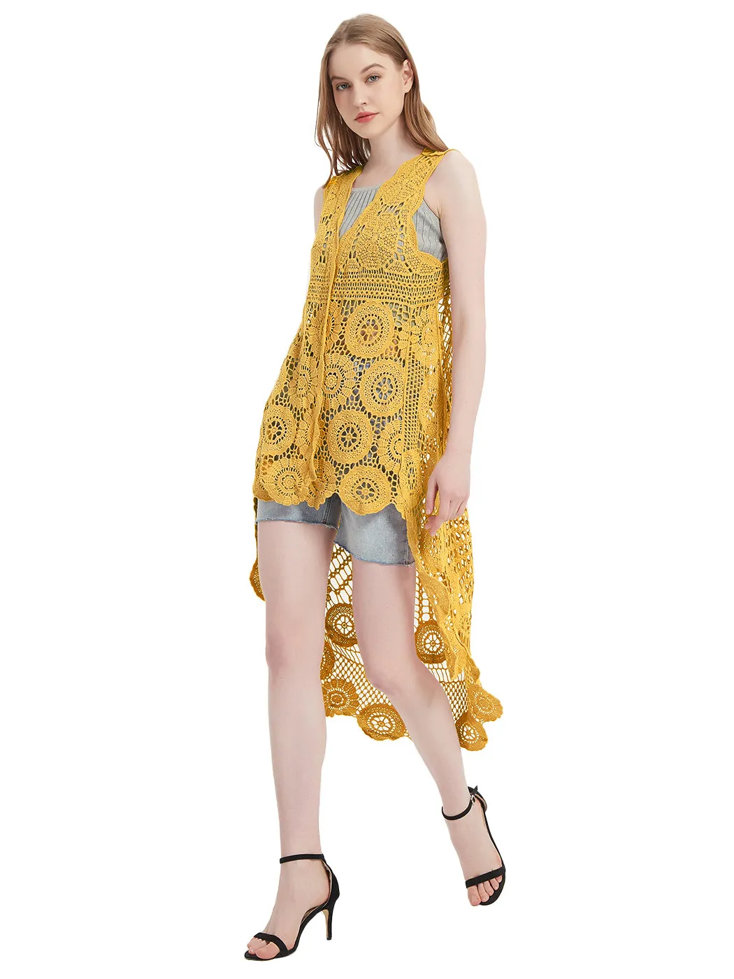 Womens Hippie Bohemian Floral Crochet Lace Trim Sleeveless Vest Cardigan