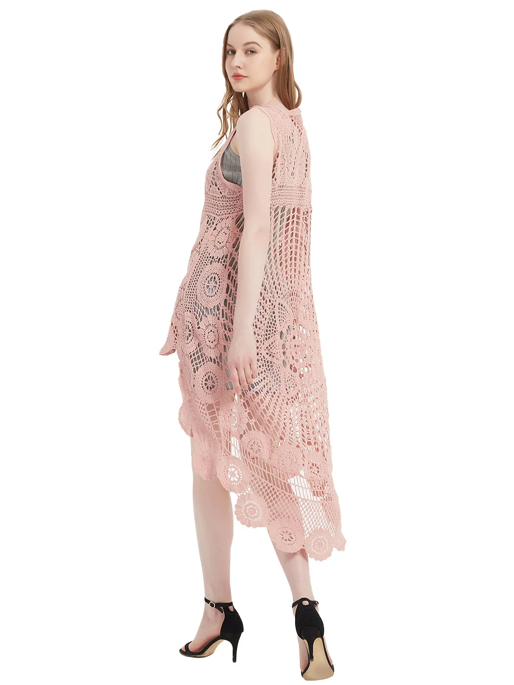 Womens Hippie Bohemian Floral Crochet Lace Trim Sleeveless Vest Cardigan