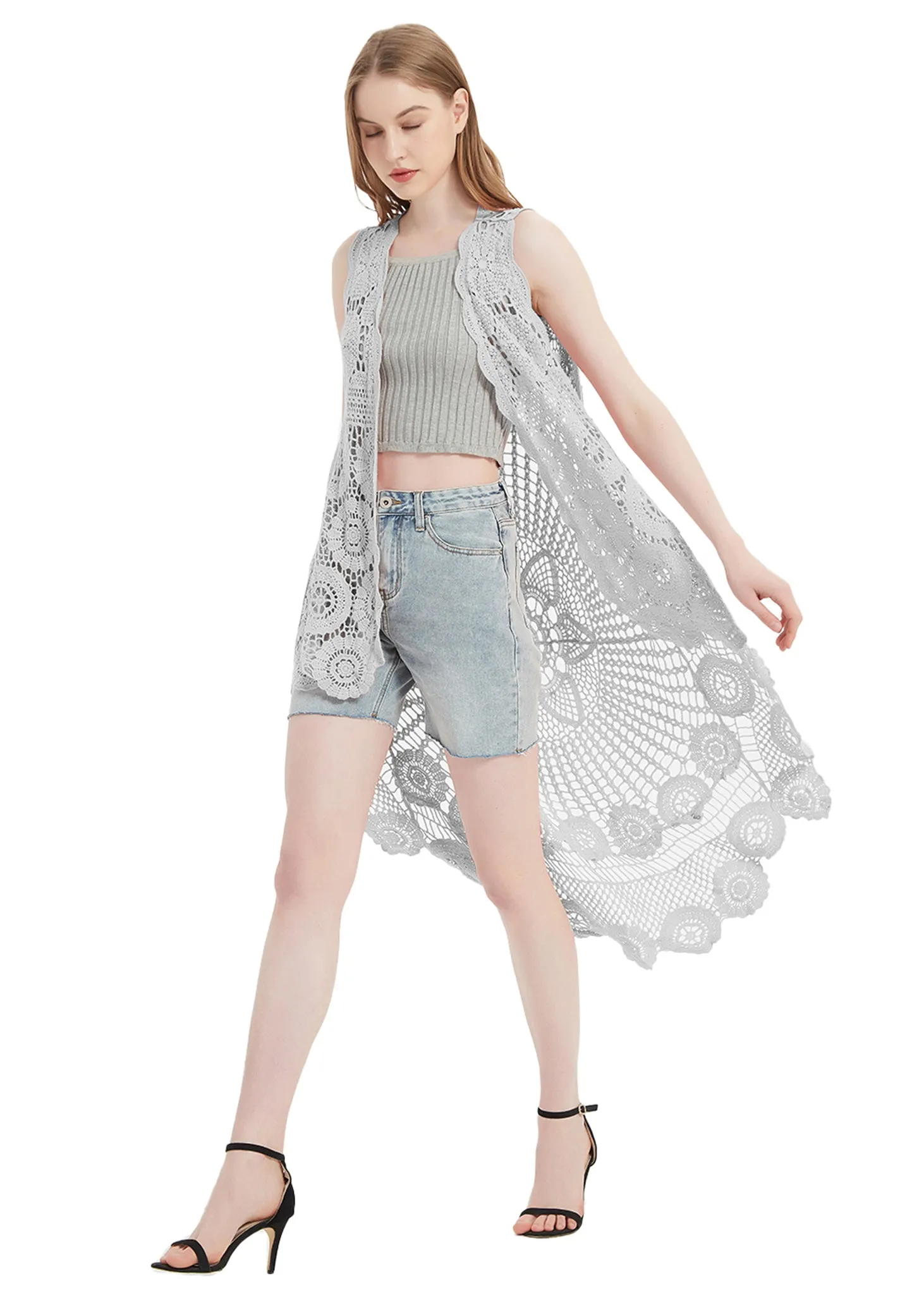 Womens Hippie Bohemian Floral Crochet Lace Trim Sleeveless Vest Cardigan