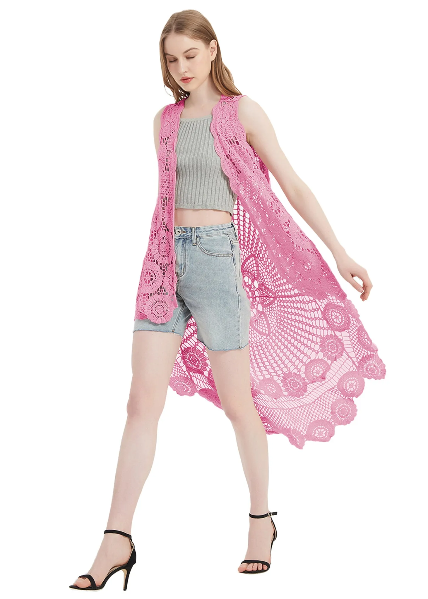 Womens Hippie Bohemian Floral Crochet Lace Trim Sleeveless Vest Cardigan